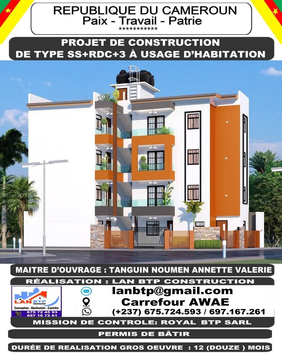 Rendu 3D de la façade de l'immeuble RDC+3, Yaoundé