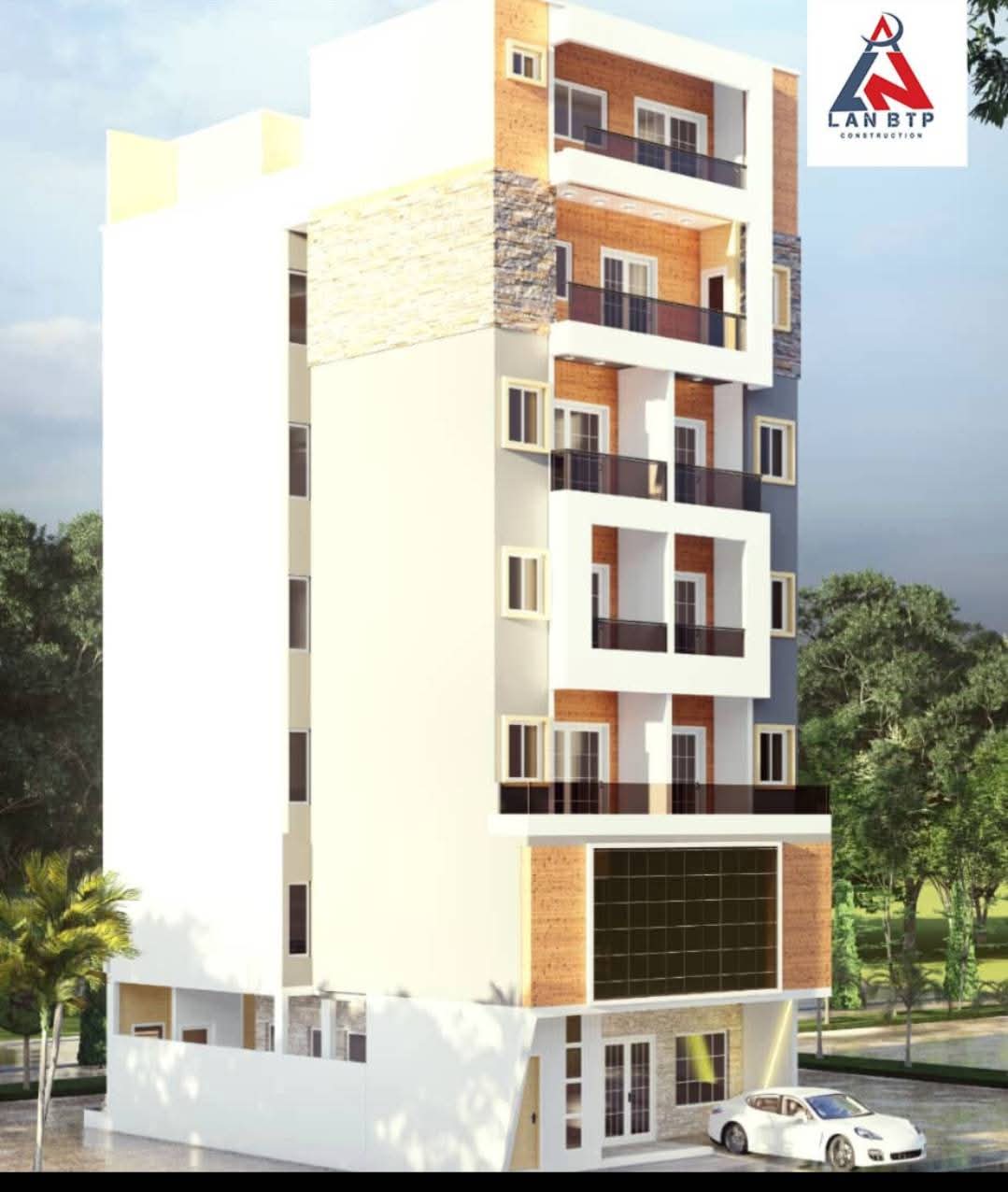 Rendu 3D de la façade de l'immeuble RDC+3, Yaoundé