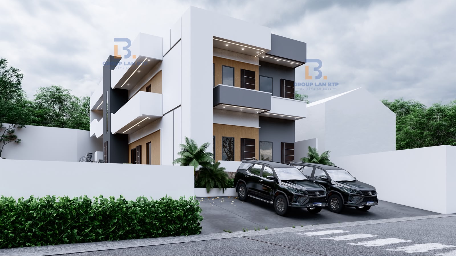 Rendu 3D d'un duplex familial blanc