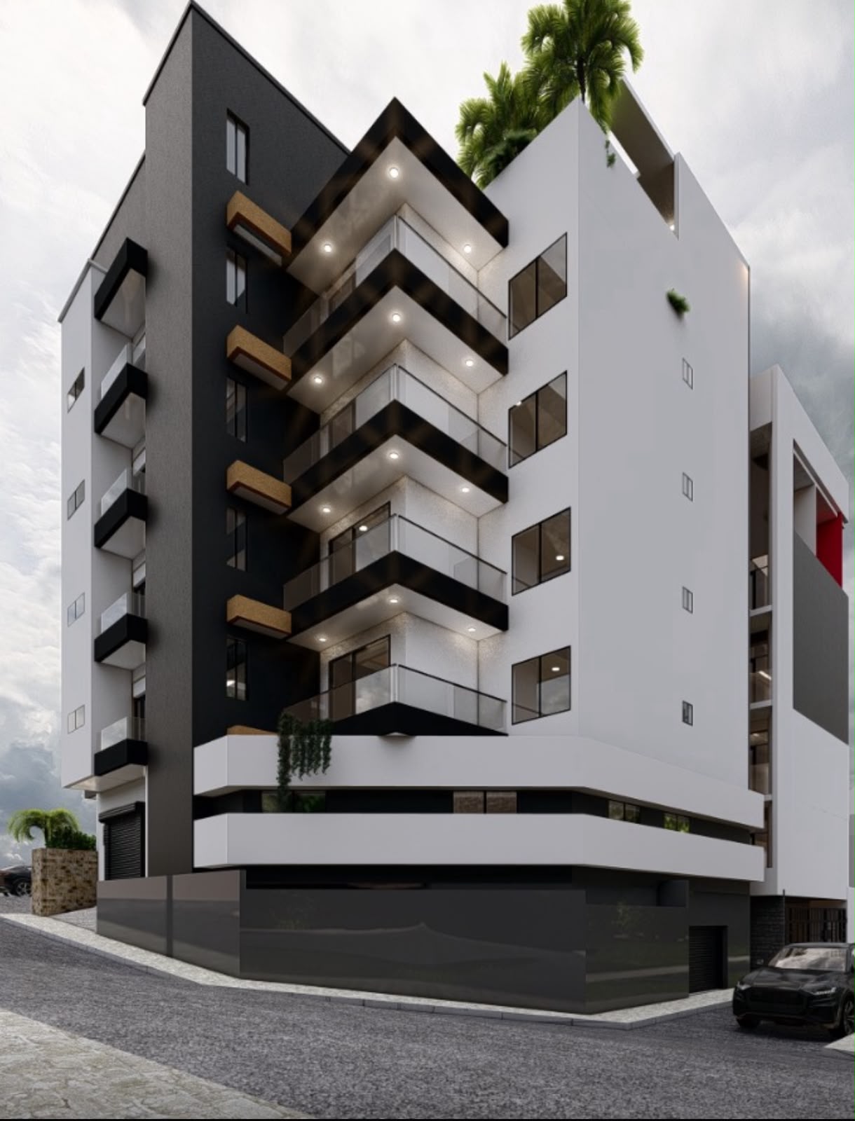 Rendu 3D d'une tour R+5 vue depuis la rue