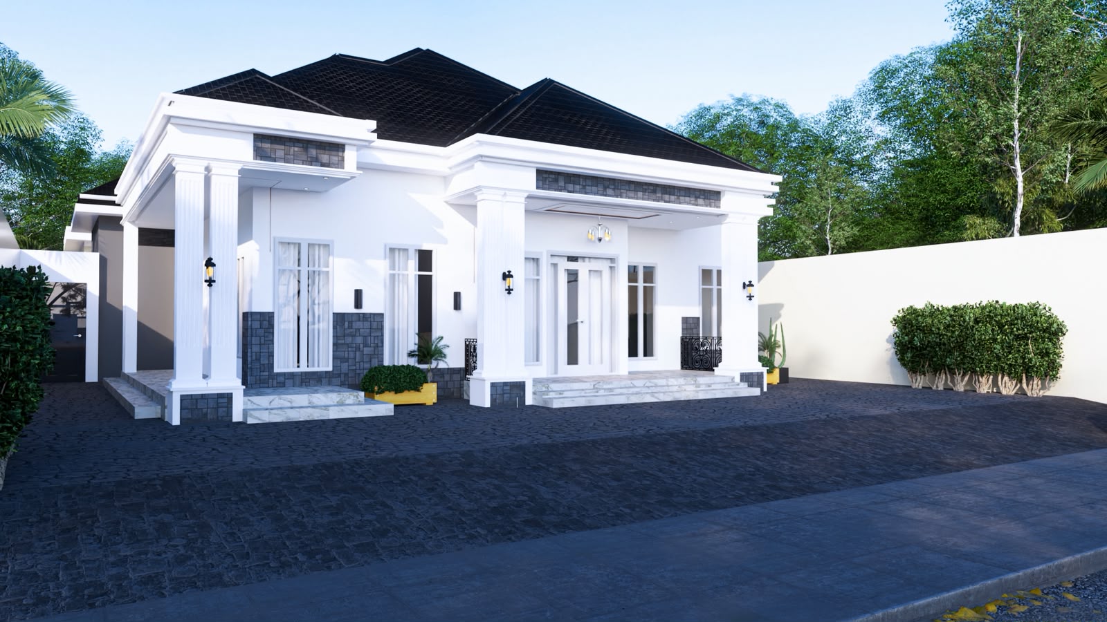 Rendu 3D d'une villa classique à colonnades